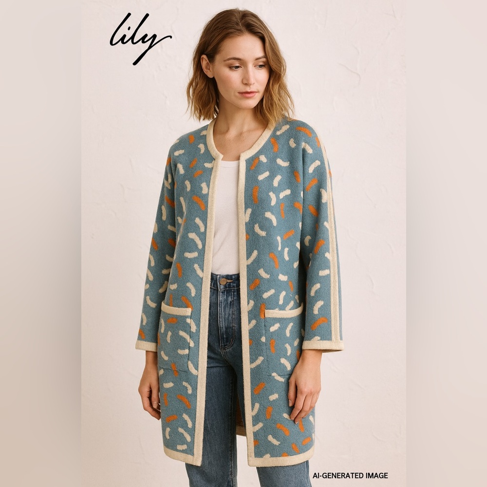 Lily Blue Orange Pattern Knit Cardigan Coatigan XS/S Wool Rabbit Hair Blend